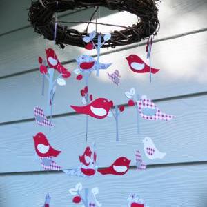 Bird And Tree Baby Paper Mobile In Red, Gray And..