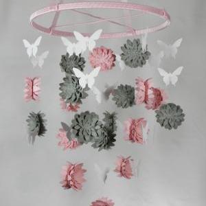 Dahlia And Butterfly Paper Nursery Mobile In Pink,..