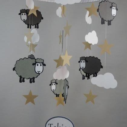 Sheep, Stars And Clouds Mobile In Grays, White And..