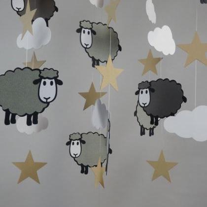 Sheep, Stars And Clouds Mobile In Grays, White And..