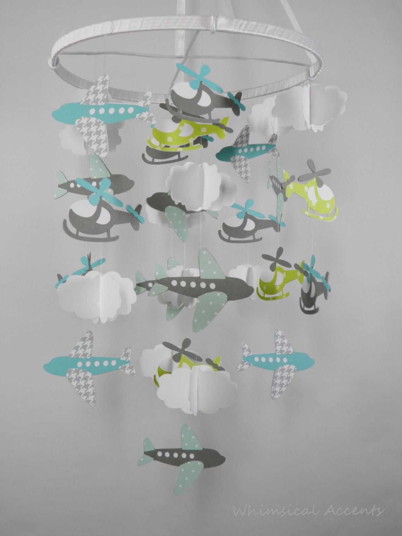 Airplane, Helicopter And Cloud Baby Paper Nursery Mobile In Blue And Gray