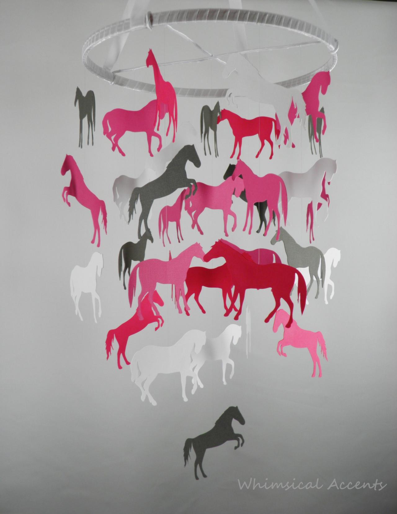 Horses Decorative Baby Nursery Mobile in Pinks and Gray