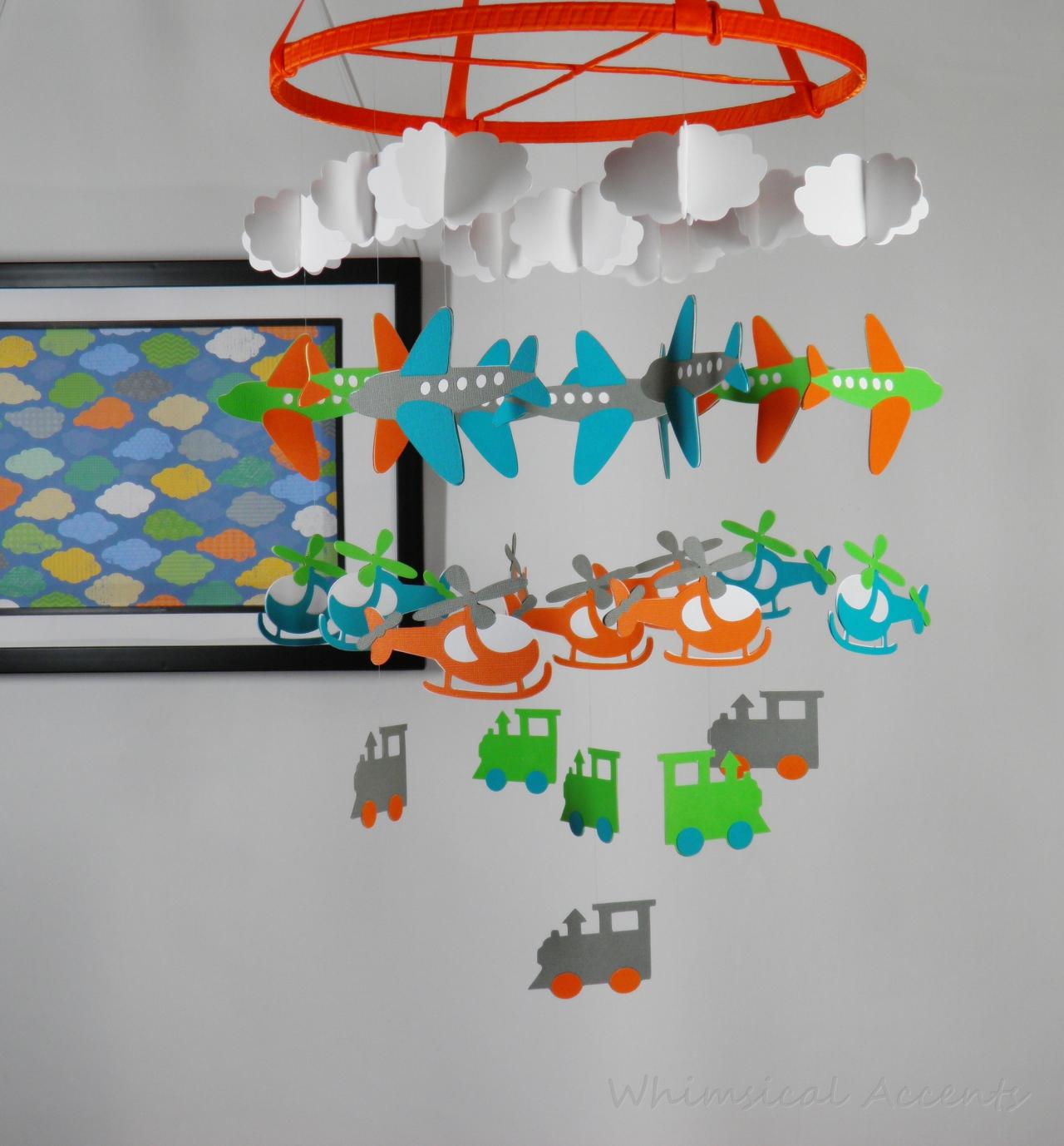 Transportation Baby Paper Nursery Mobile With Airplanes, Helicopters, Trains And Clouds