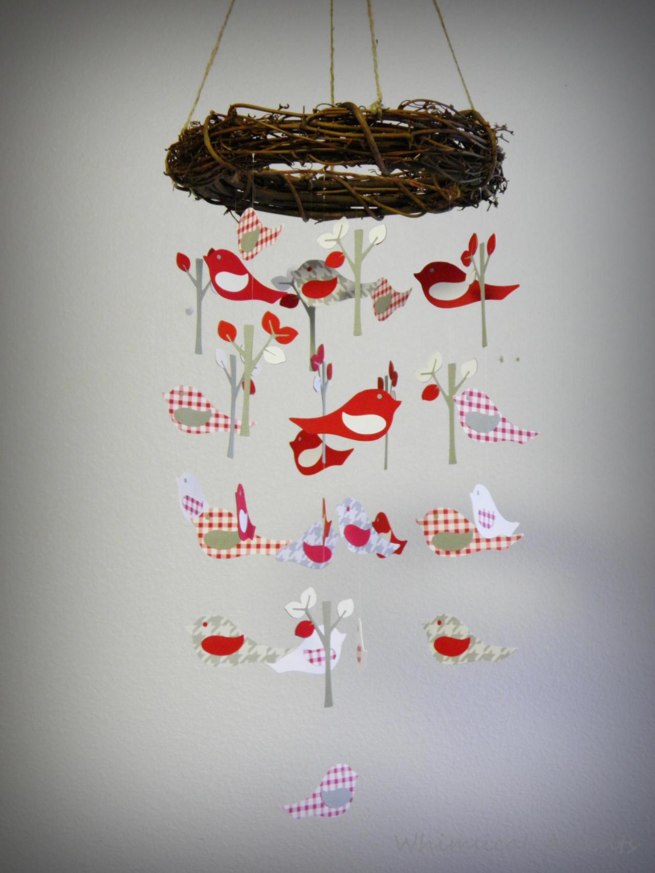 Bird And Tree Baby Paper Mobile In Red, Gray And White