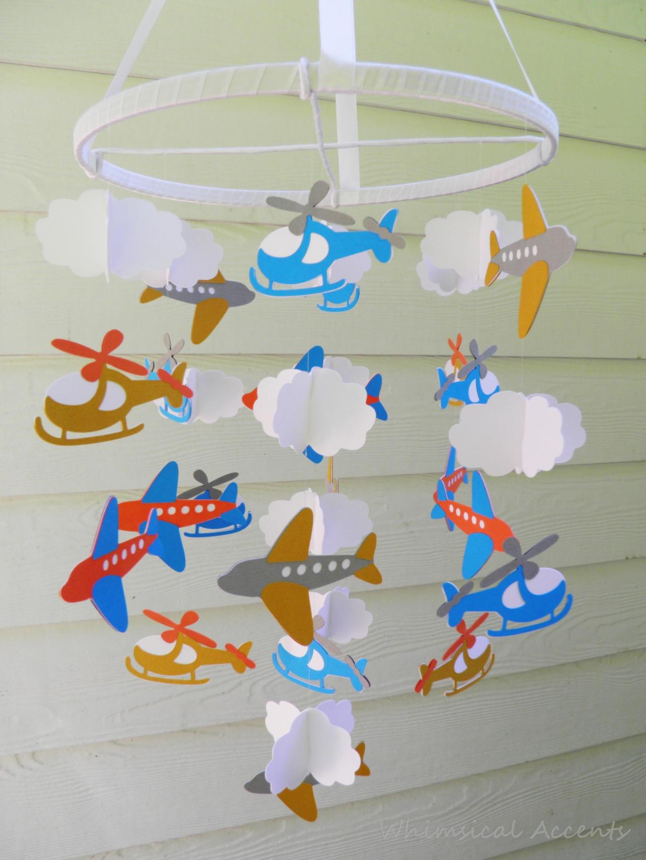 On The Go Baby Paper Nursery Mobile With Airplanes, Helicopters And Clouds