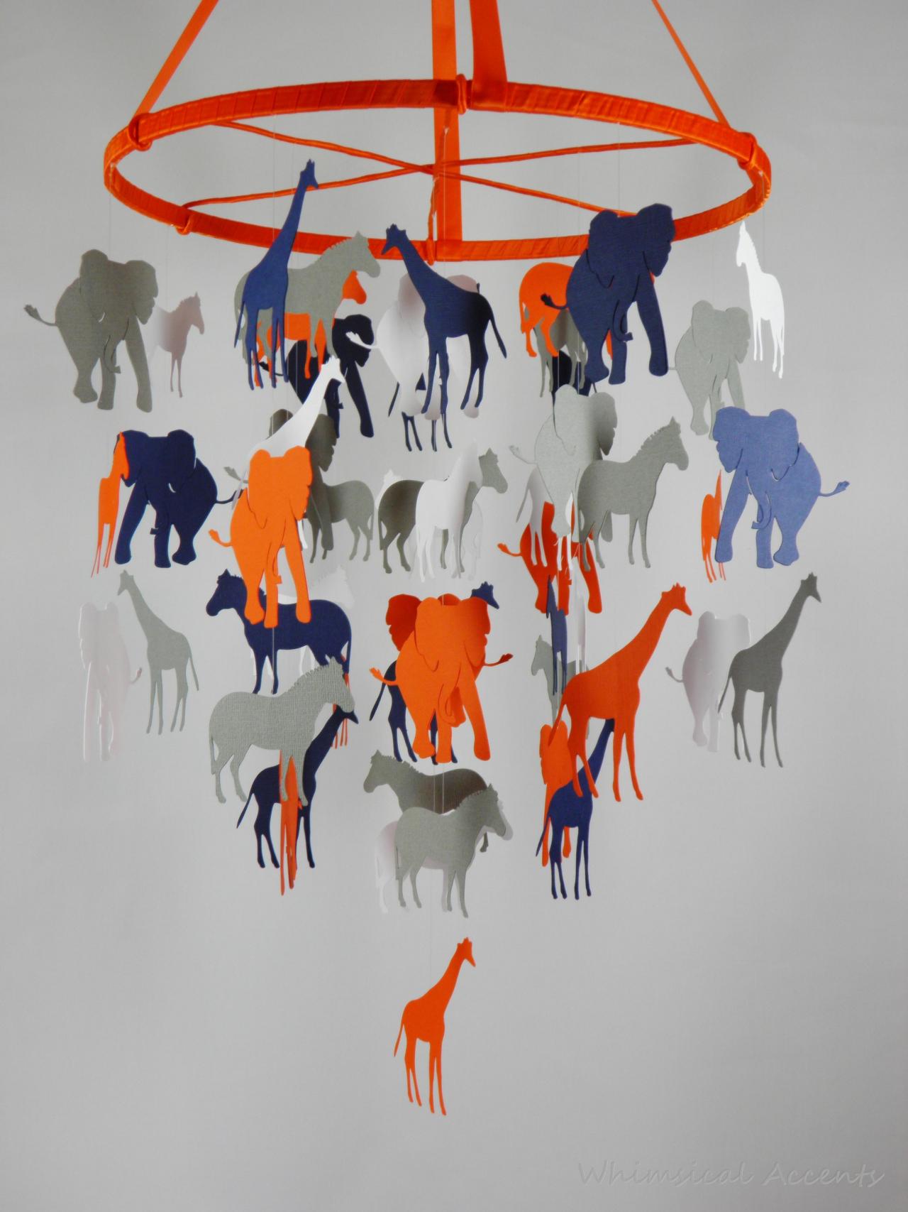 Going On A Safari Baby Paper Nursery Mobile - Extra Large In Orange, Gray, White And Navy Blue