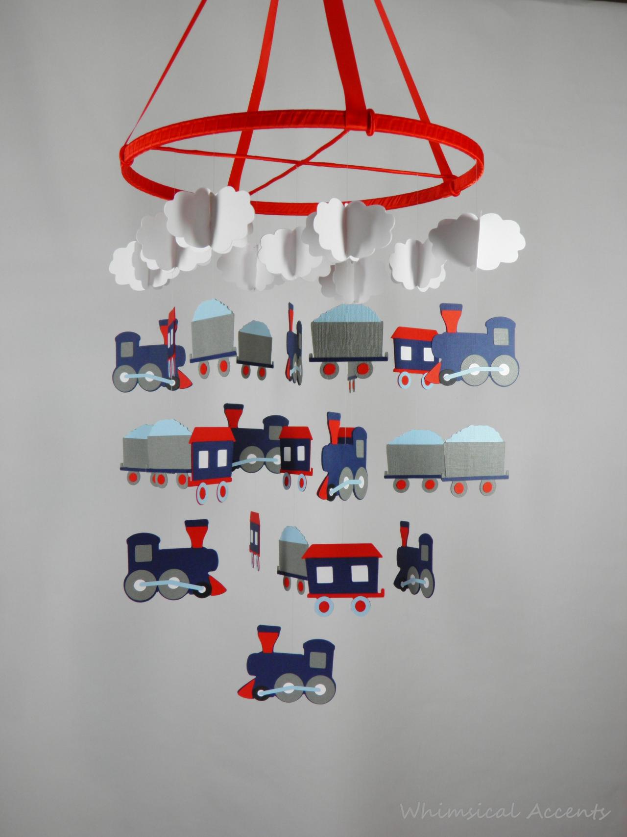Train Nursery Decorative Mobile In Navy Blue, Red, Gray, Light Blue And White