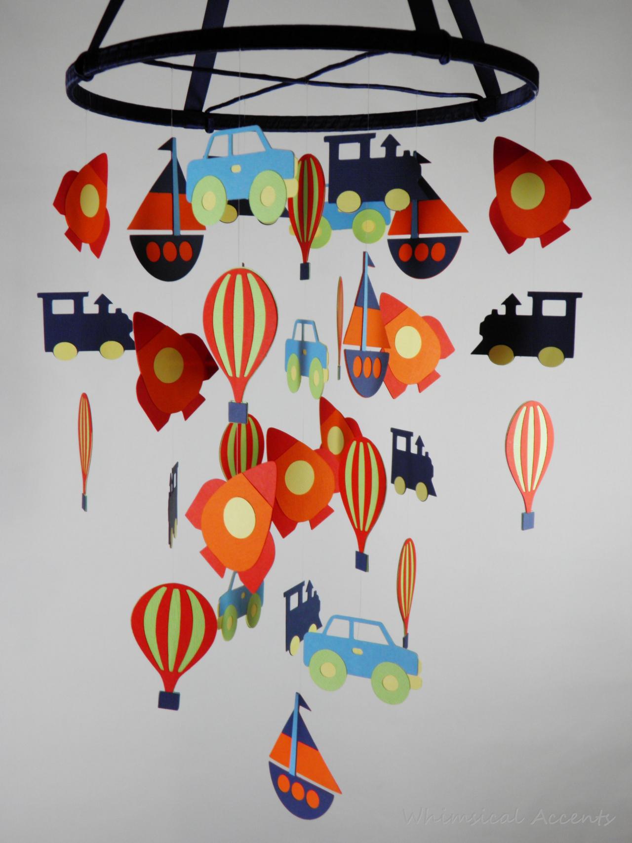 Transportation Nursery Mobile With Rocket Ship, Air Balloon, Car, Boat And Train