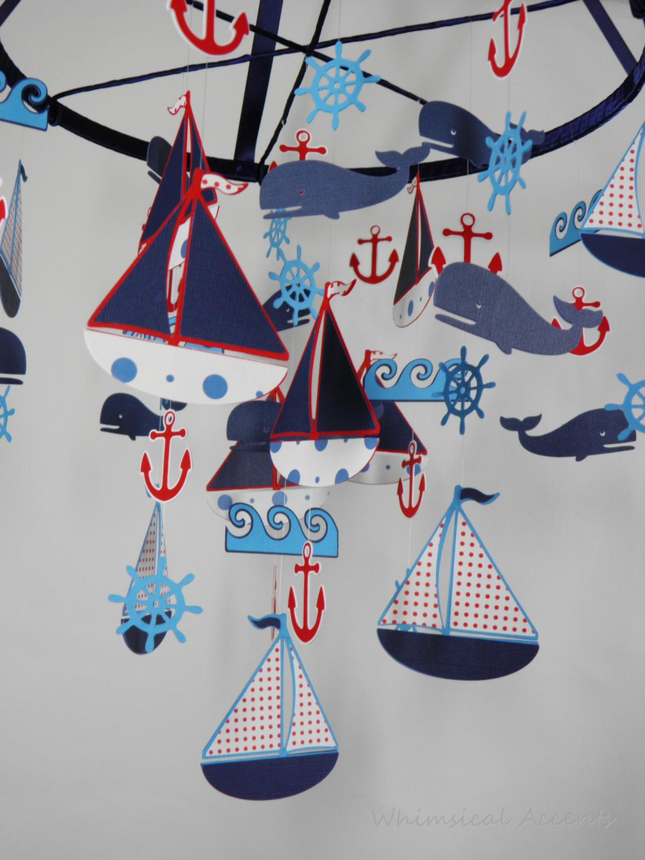 Nautical Nursery Mobile With Sailboat, Anchor, Helm, Whale And Waves Extra Large on Luulla