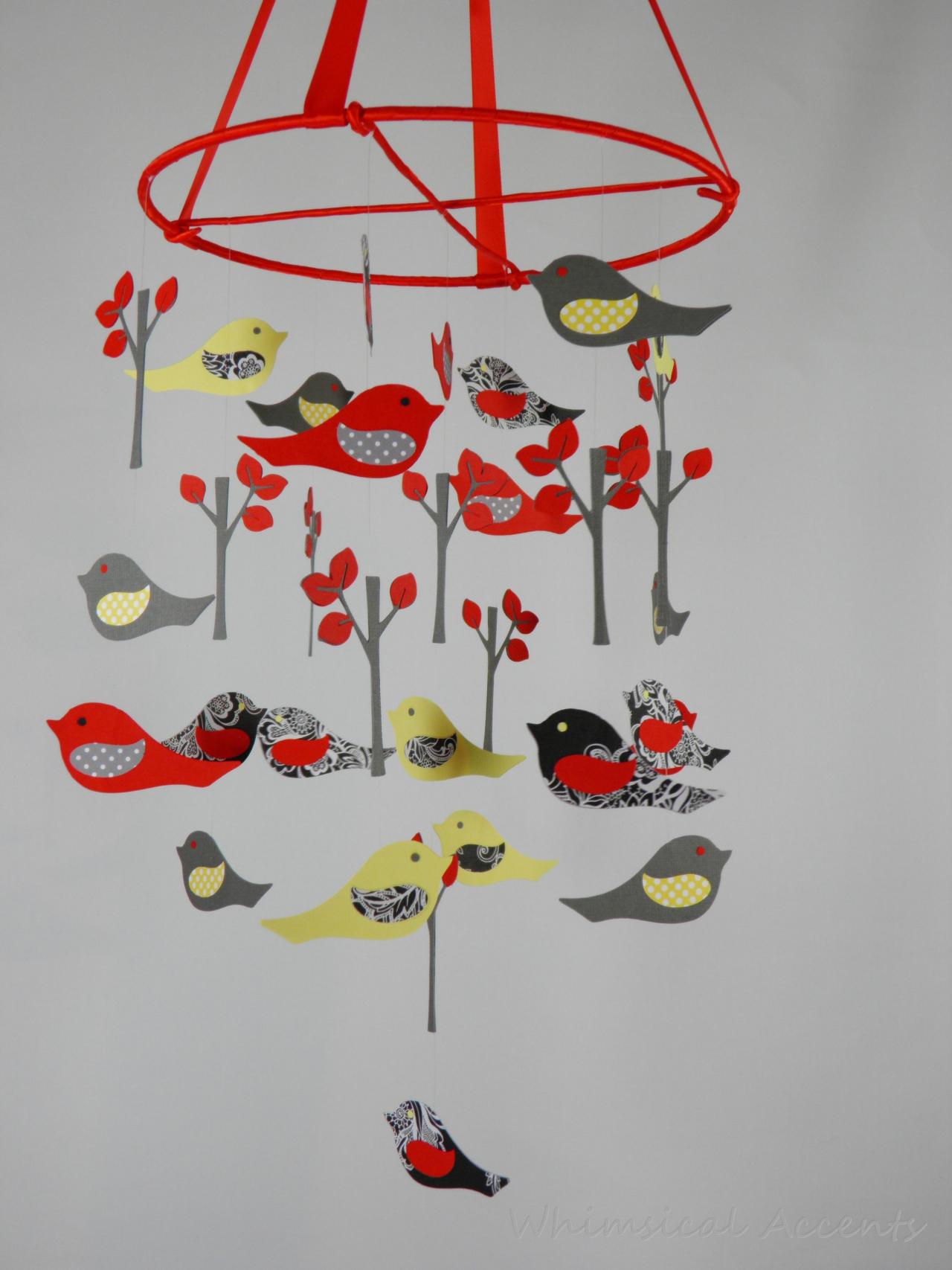 Love Birds Nursery Mobile In Red, Yellow, Gray And Black