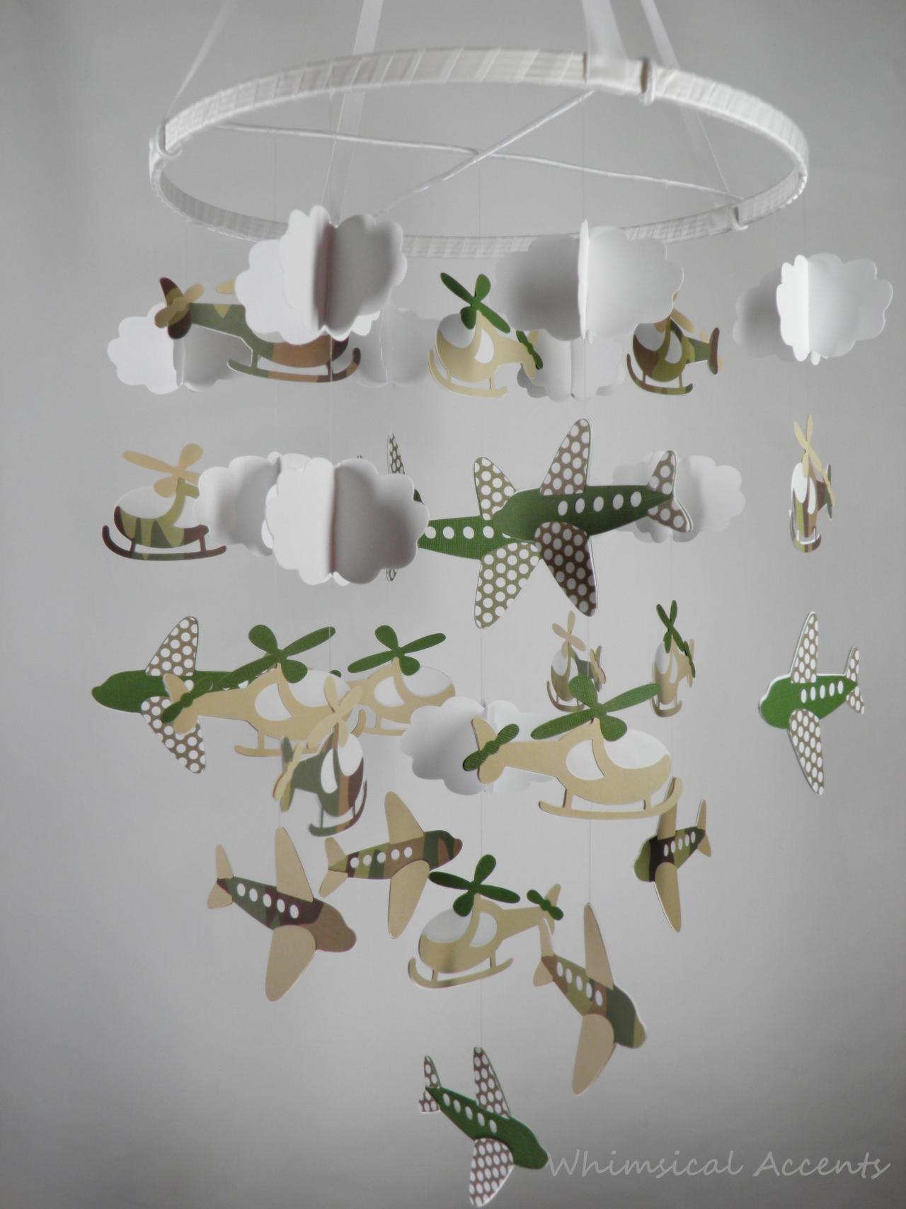 Helicopter, Airplane And Cloud Nursery Decorative Mobile In Camouflage And Polka Dots