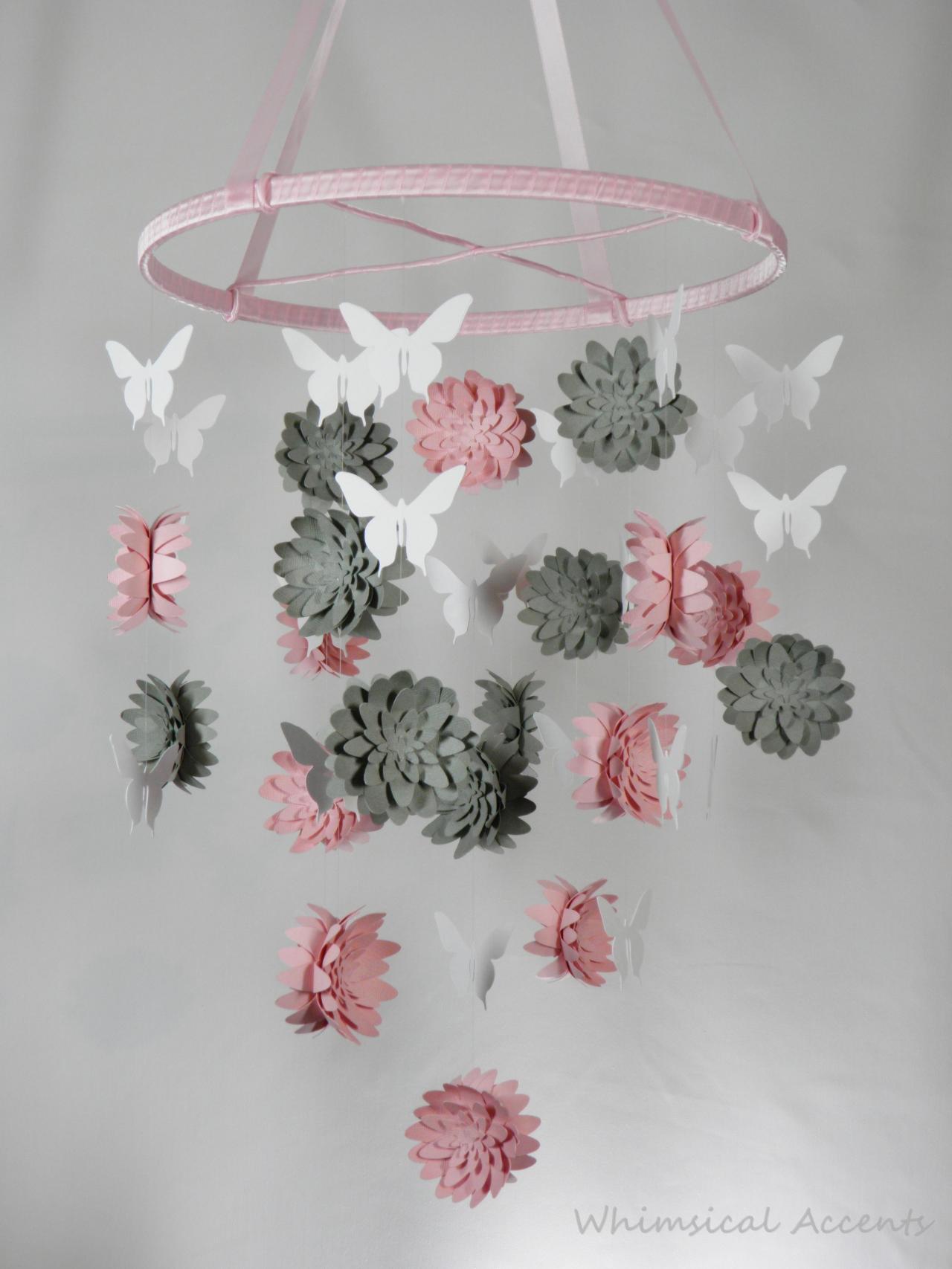 Dahlia And Butterfly Paper Nursery Mobile In Pink, Gray And White