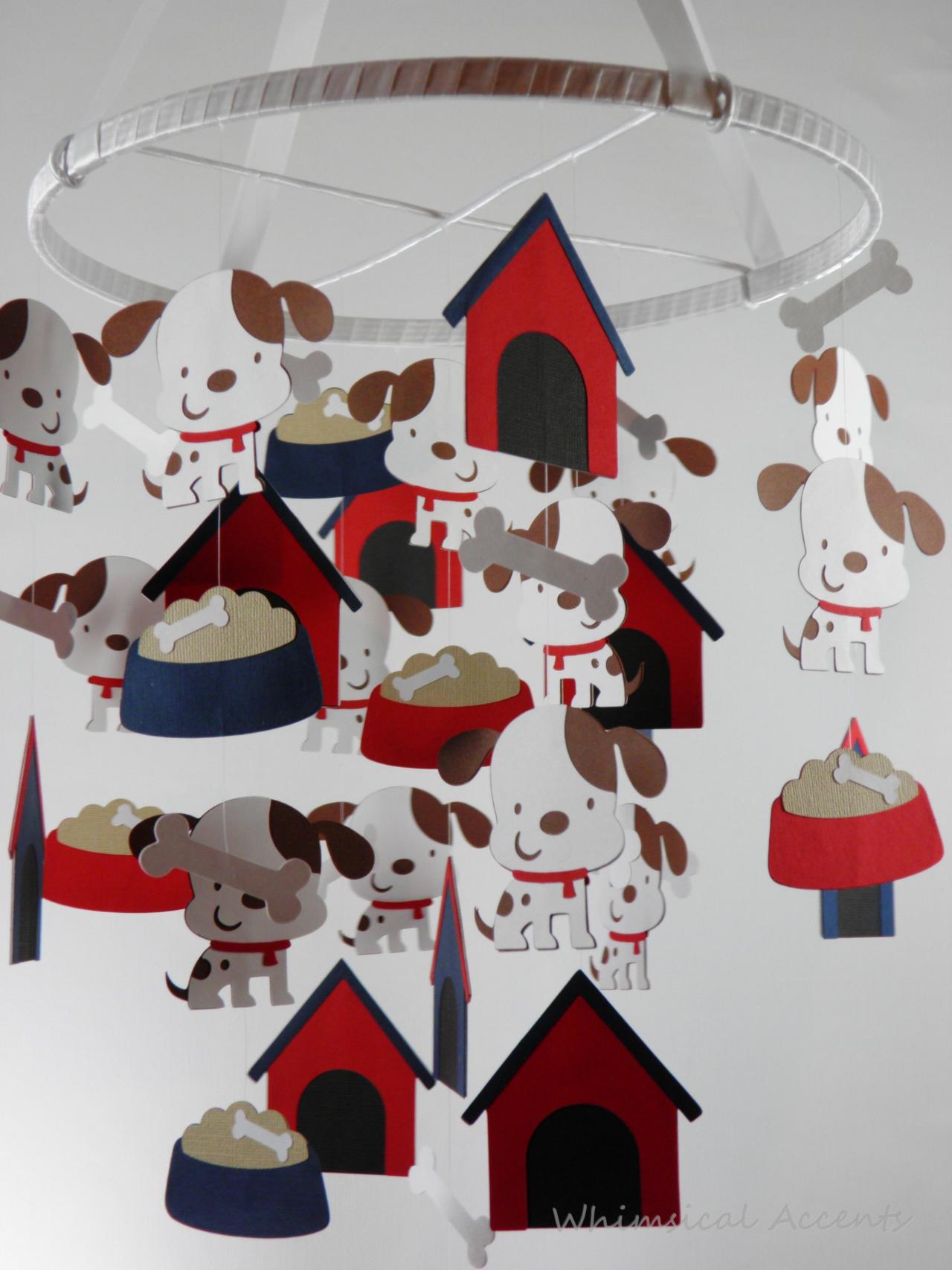 Puppy And Bone Baby Nursery Mobile In Navy Blue And Red