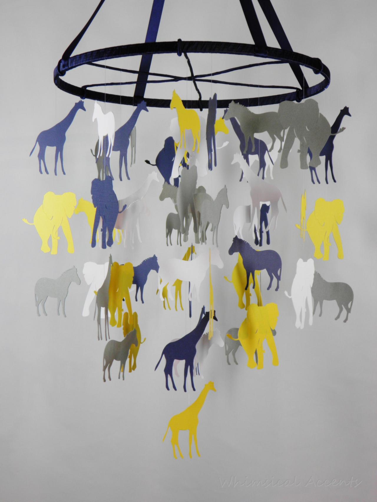 Going On A Safari Baby Paper Nursery Mobile In Yellow, Gray, Navy Blue, White