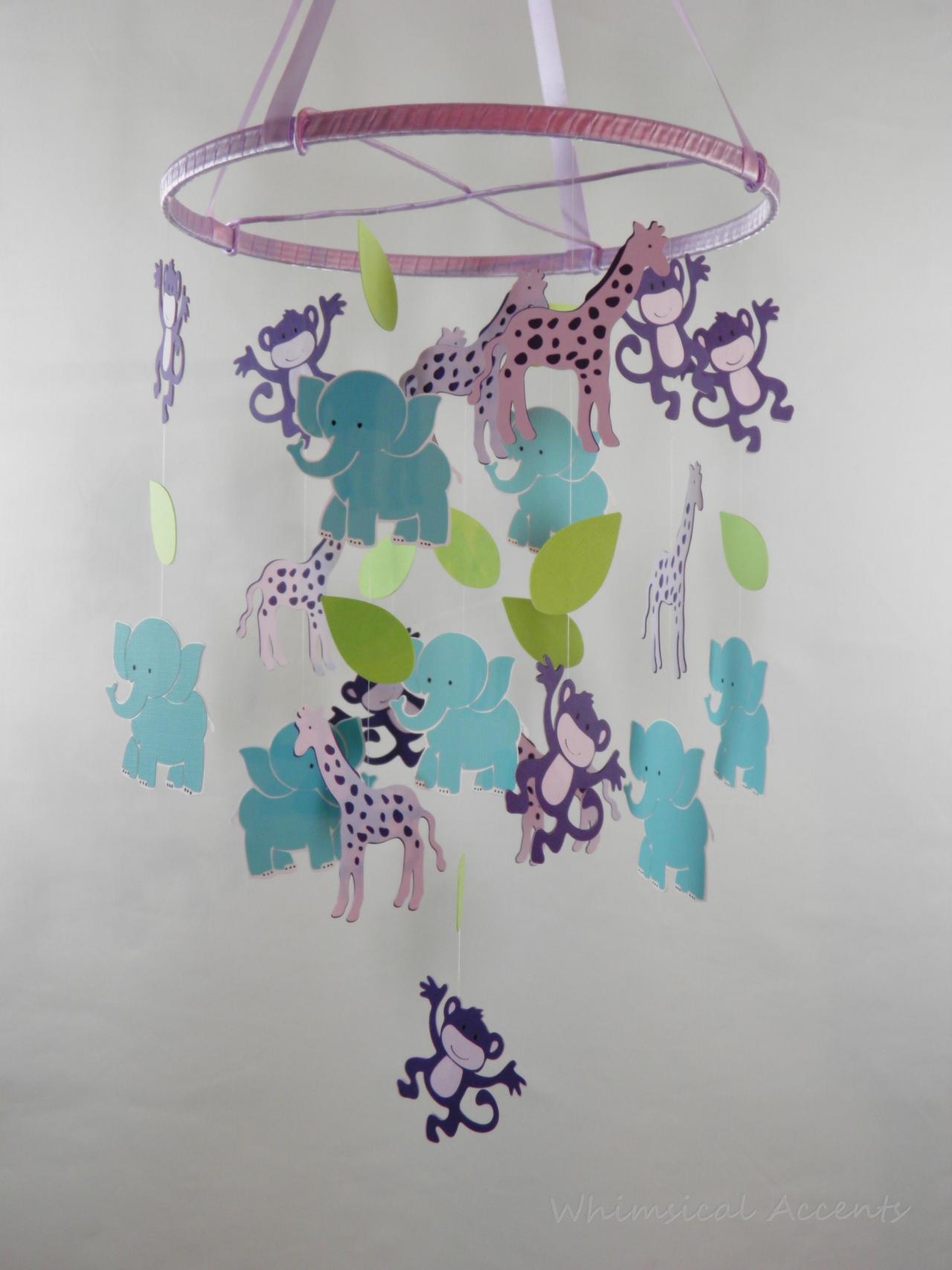 Monkey, Elephant And Giraffe Nursery Decorative Mobile In Purple