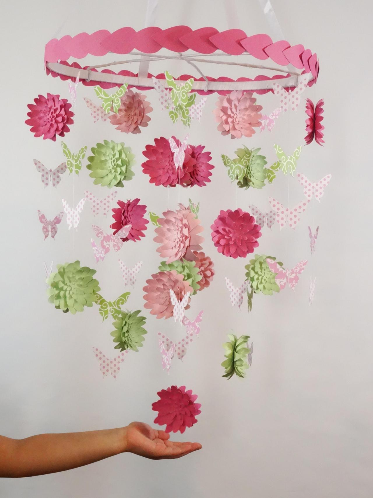 Dahlia And Butterfly Nursery Decorative Mobile With Leaves Around Hoop