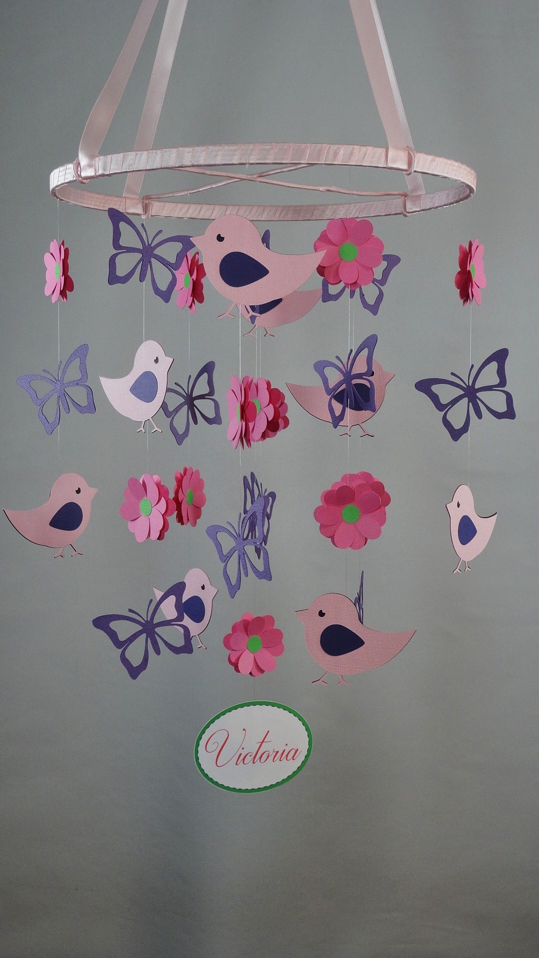 Bird, Butterfly And Flower Baby Mobile With Personalized Name
