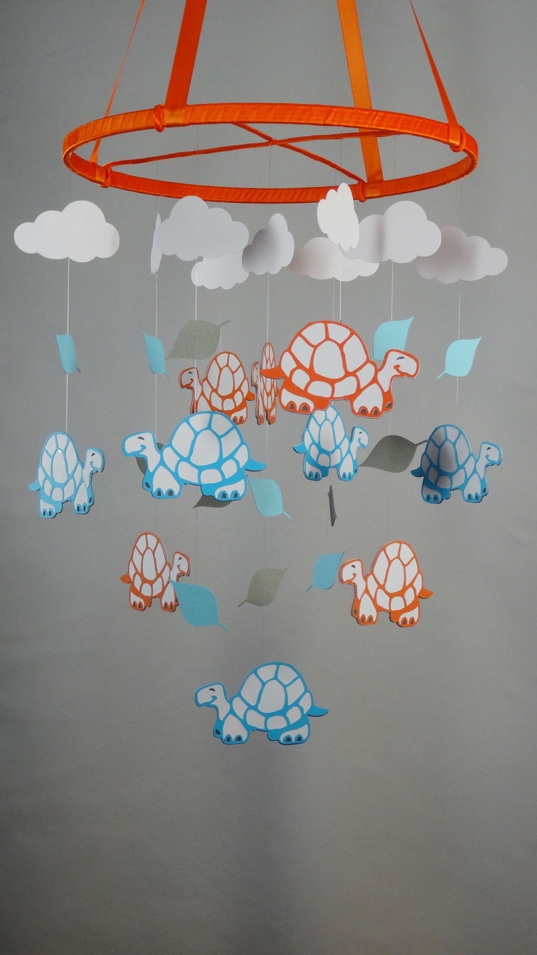 Turtle, Leaf And Cloud Decorative Mobile In Orange, Blues, Gray And White