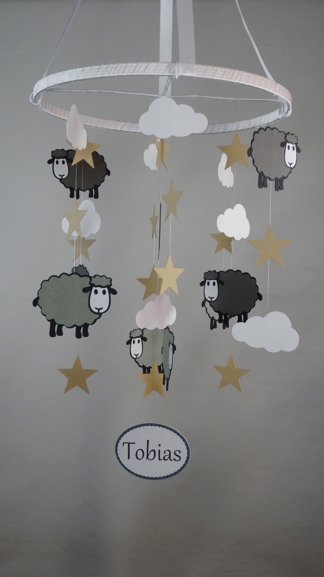 Sheep, Stars And Clouds Mobile In Grays, White And Light Brown With Personalized Name